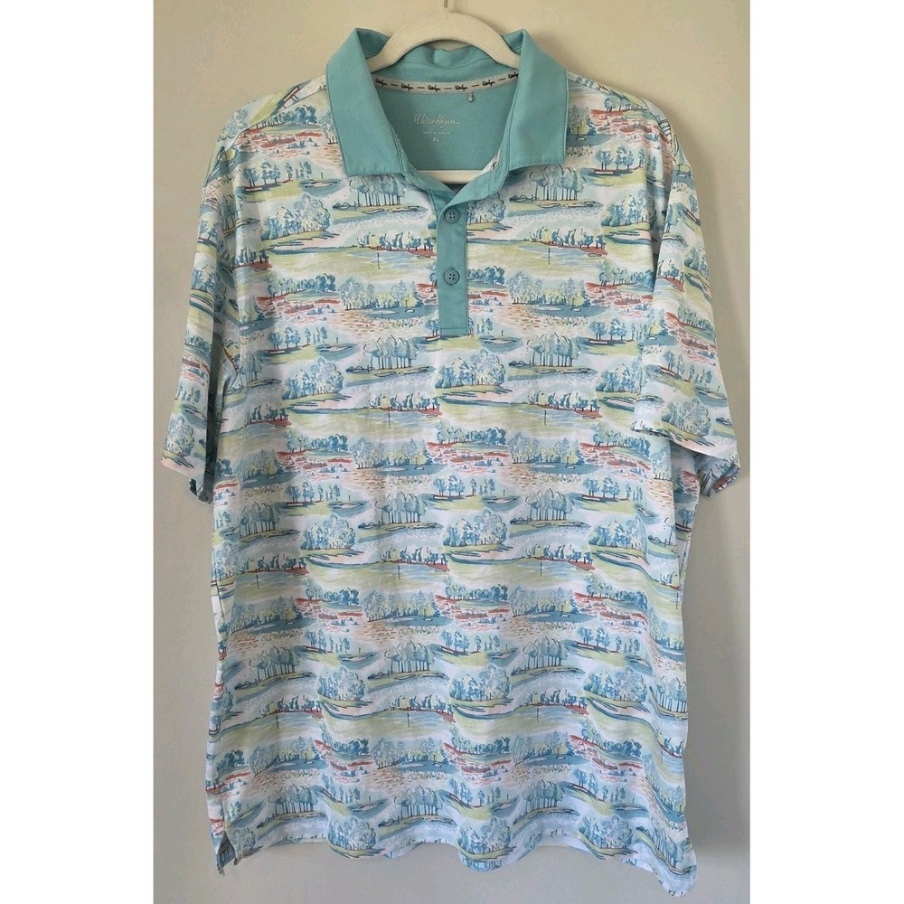 Walter Hagen Golf Polo Shirt XL Scenic Golf Course Landscape Print Aqua